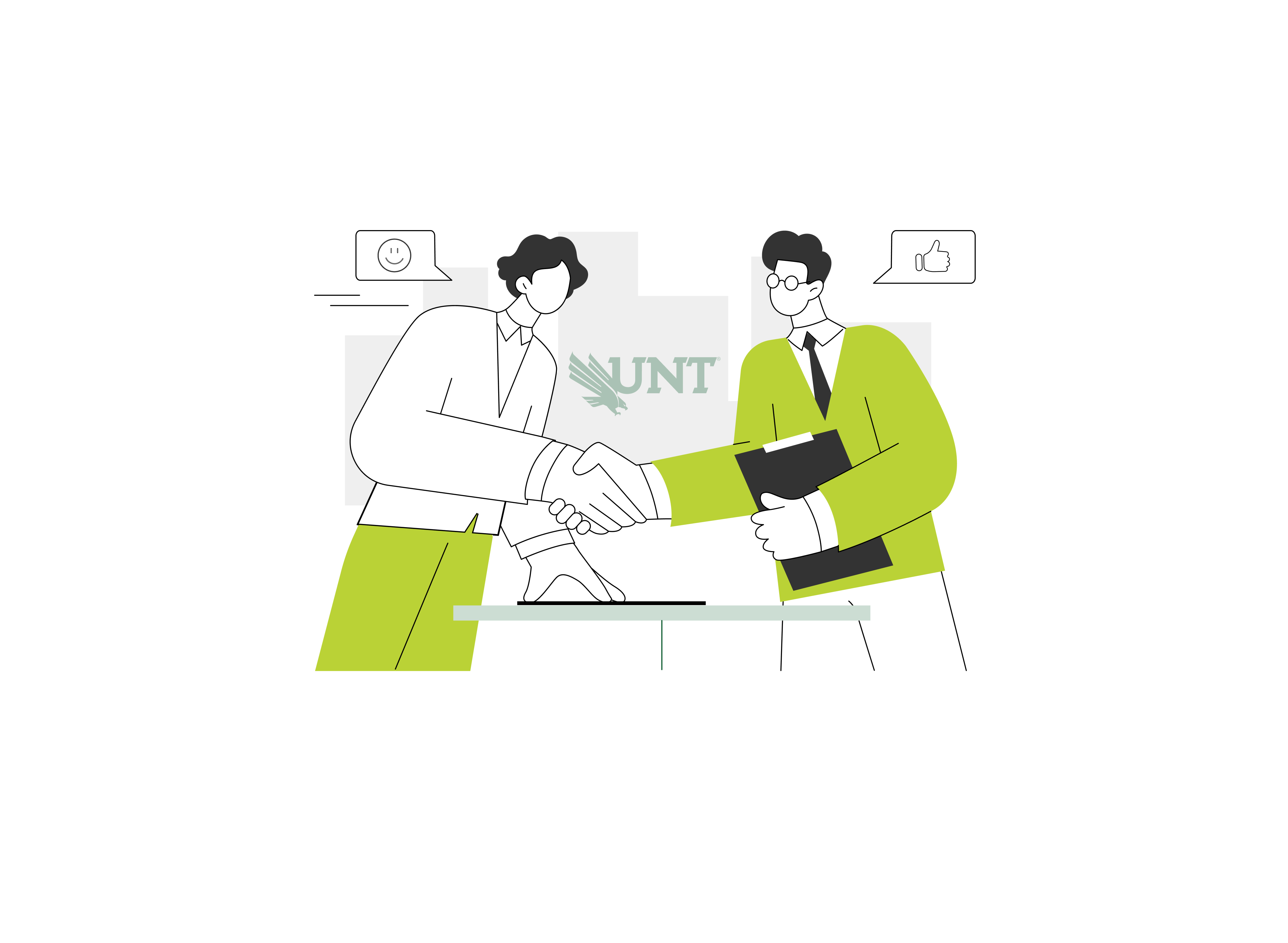 Illustration of a male student shaking hands with his male advisor at the UNT advising office after completing an advising session.