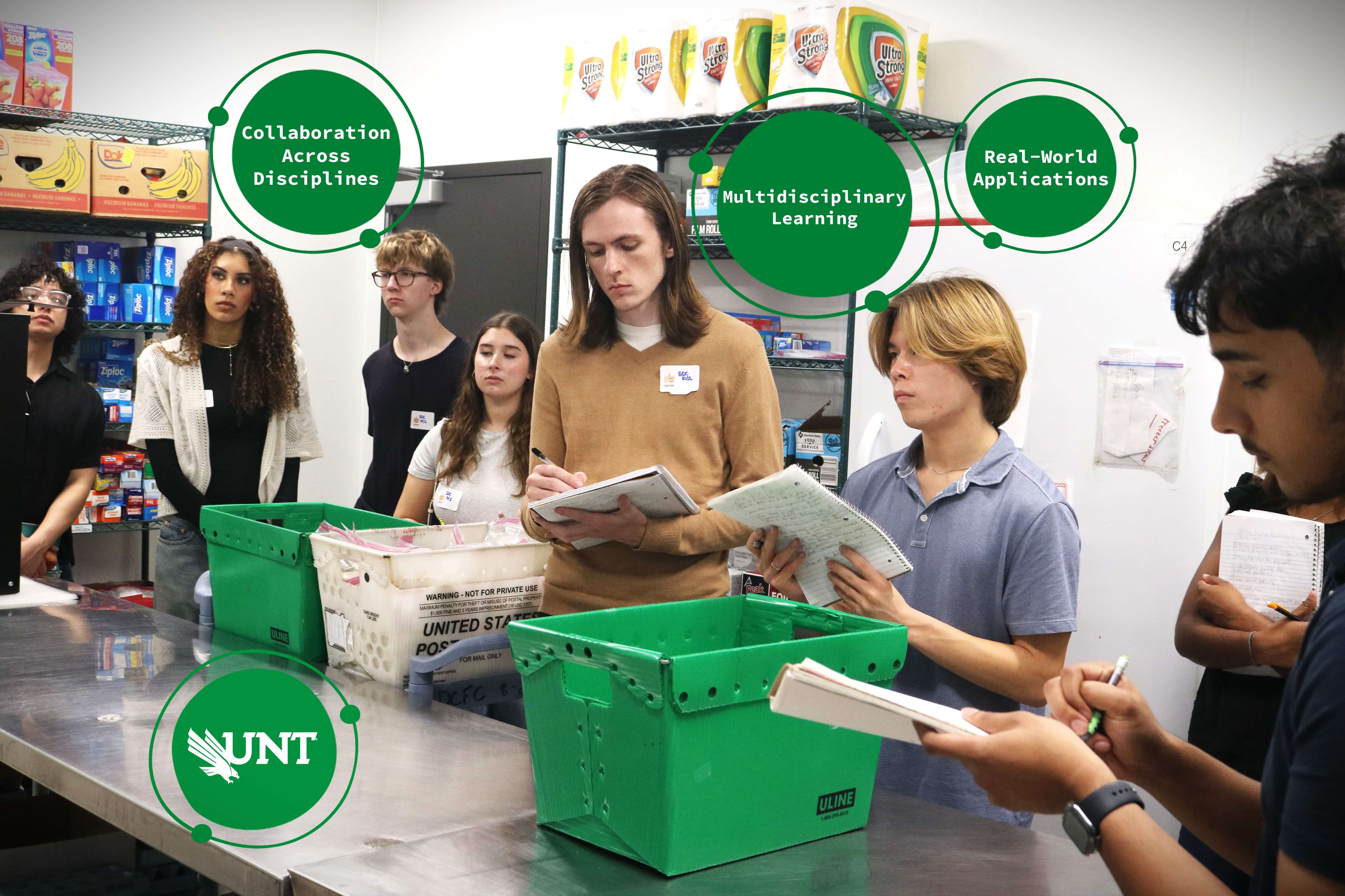 Students taking notes in a classroom setting with green graphic circles highlighting key themes: Collaboration Across Disciplines, Multidisciplinary Learning, Real-World Applications, and a UNT logo.