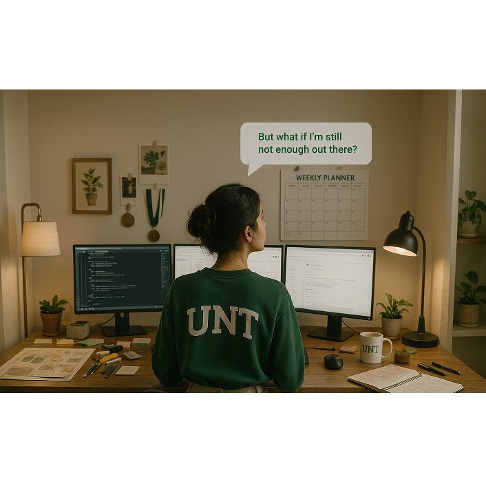 Student wearing a UNT sweatshirt sits at a desk with multiple computer screens, looking at a weekly planner, with a thought bubble that says: ‘But what if I’m still not enough out there?